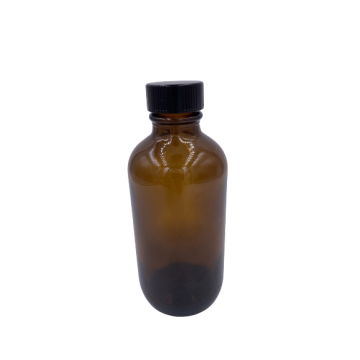 4 oz. Amber Boston Round Glass Bottle (22-400) w/Black Lid Included - Case of 128 Bottles