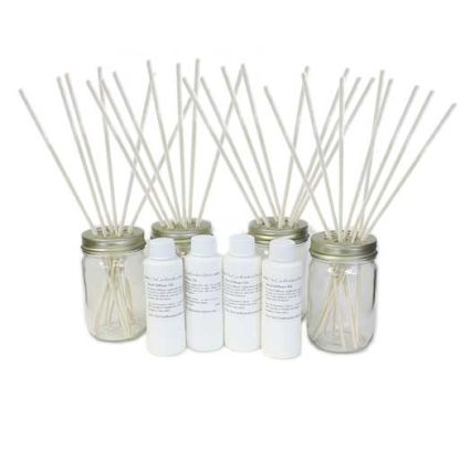 Complete Reed Diffuser Starter Kit: Includes 4 - 12 oz. Clear Diffuser bottles with Gold Slotted Cap for the reeds, 40 Reeds, and 4 - 4 oz. Reed Diffuser Oils